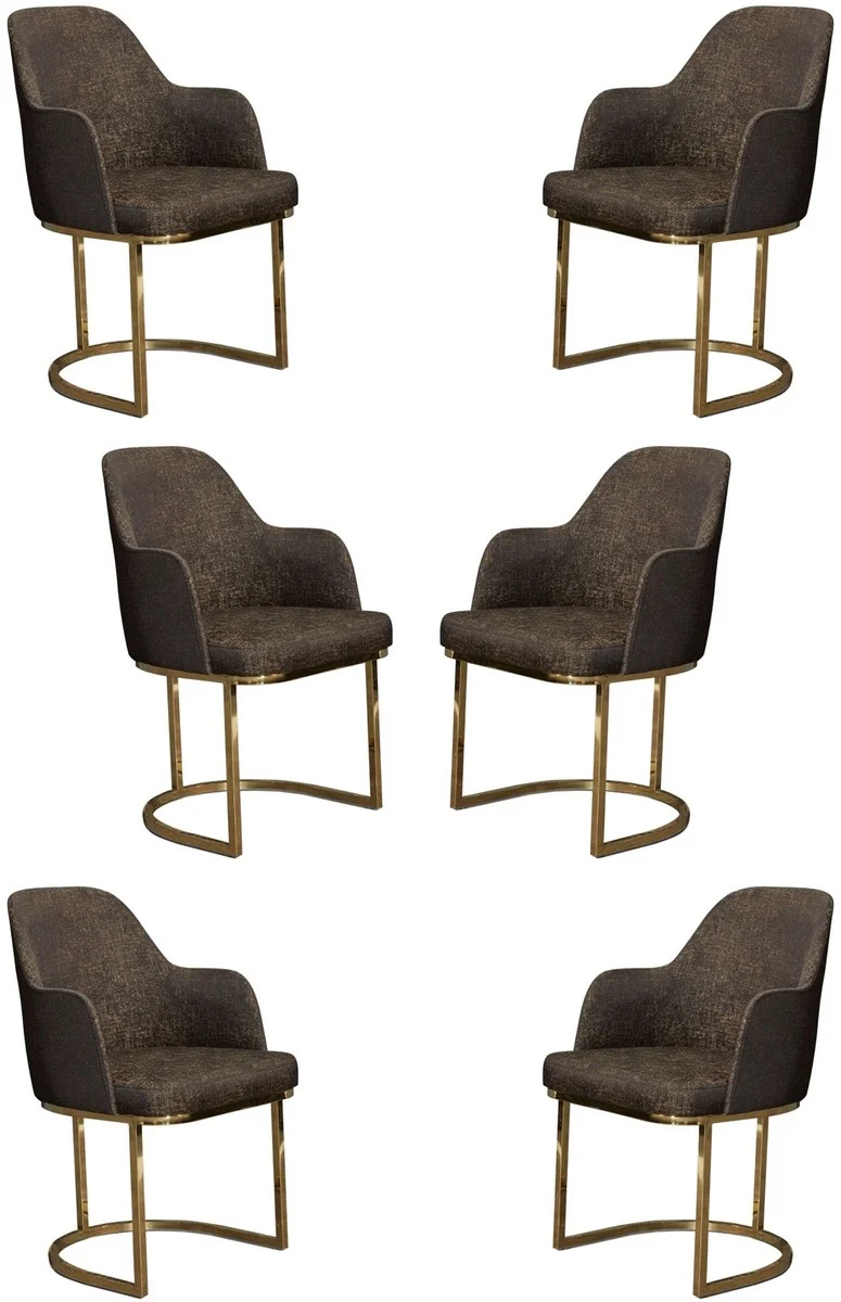 Casa Padrino Luxus Esszimmer Stuhl Set Grau / Gold 70 x 95 x H. 96 cm - Küchen Stühle 6er Set - Esszimmerstühle mit Armlehnen - Luxus Esszimmer Möbel