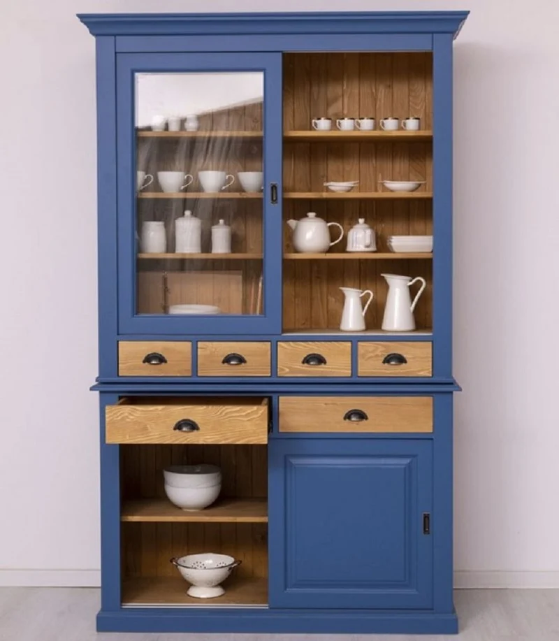 Casa Padrino Landhausstil Esszimmerschrank Blau / Naturfarben 142 x 48 x H. 225 cm - Massivholz Küchenschrank - Landhausstil Esszimmer Möbel