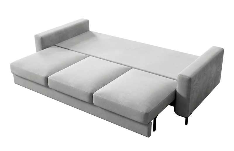 Dreisitziges ausklappbares Sofa Mokpeo mit Stauraum, hellgrauer, pflegeleichter Samtstoff