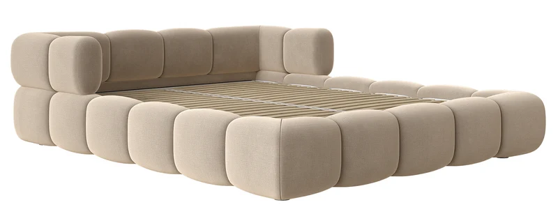 Upholstered bed 160x200 cm Stormi roll-up slatted frame beige chenille hydrophobic easy-clean