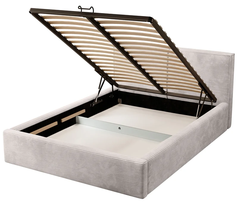 Gepolstertes Bett 160x200 cm Farese mit Stauraum und Gasdruckfeder, dunkelbeiger Cordstoff