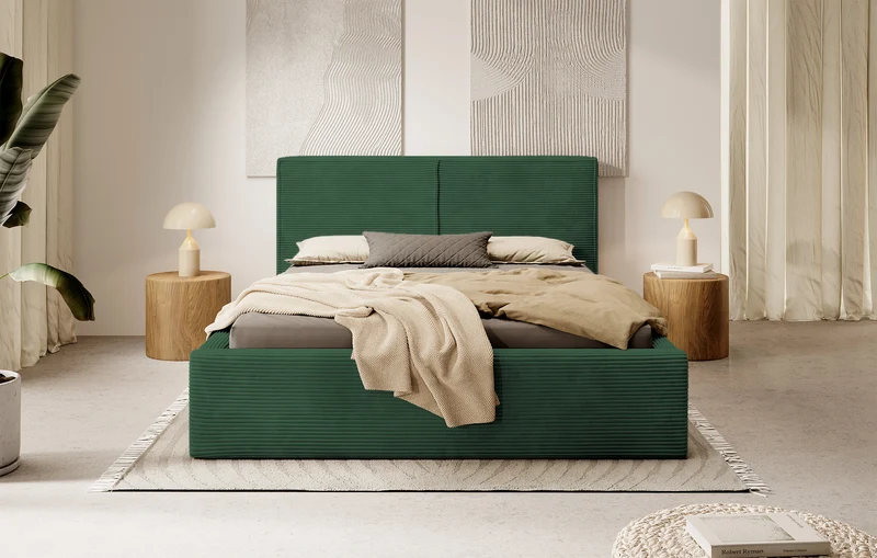 Polsterbett 160x200 cm Farese dunkelgrün mit Stauraum und Gasdruckfeder, dunkelgrüner Cord