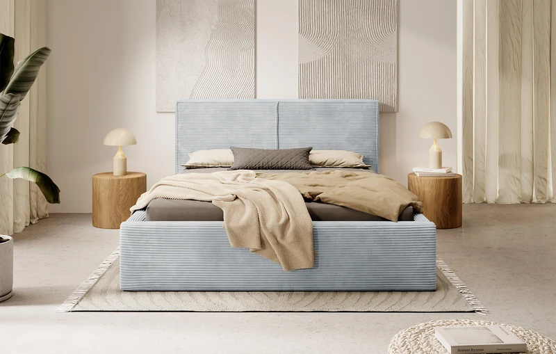 Polsterbett 180x200 cm Farese mit Stauraum und Gasdruckfeder, hellgrauer Cordstoff