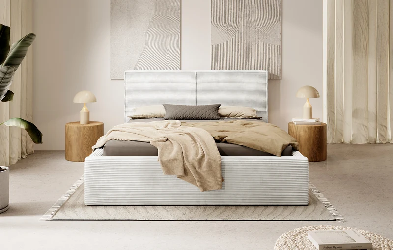 Polsterbett 140x200 cm Farese mit Stauraum und Gasdruckfeder, grau-beige Cord