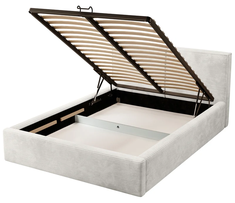 Gepolstertes Bett 160x200 cm Farese mit Stauraum und Gasdruckfeder, grau-beige Cordstoff