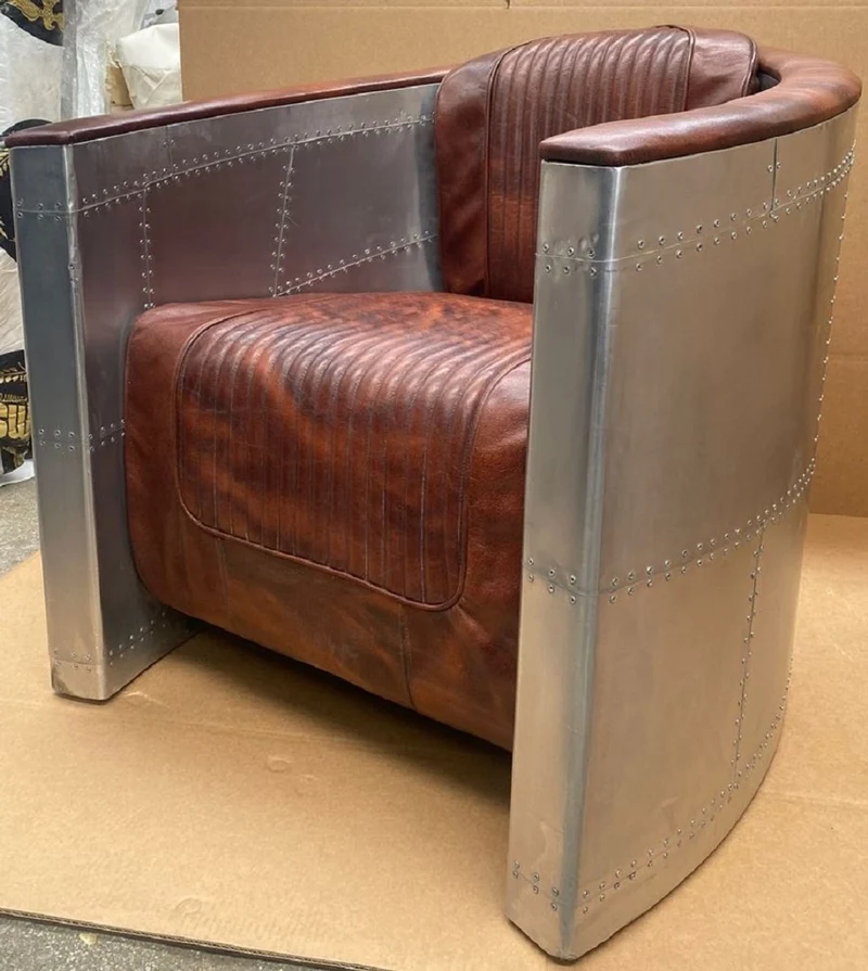 Casa Padrino Luxus Art Deco Leder Sessel Vintage Braun / Silber - Aluminium Wohnzimmer Sessel mit hochwertigem Echtleder - Lounge Sessel - Flugzeug Flieger Echtleder Möbel