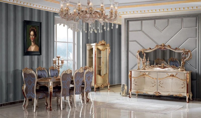 Casa Padrino Luxus Barock Esszimmer Set Blau / Silber - 1 Esstisch & 8 Esszimmerstühle - Prunkvolle Esszimmer Möbel im Barockstil