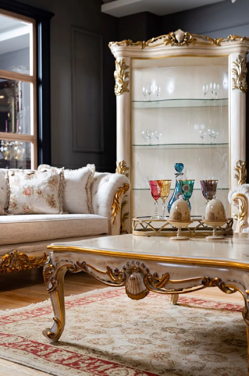 Casa Padrino Luxus Barock Vitrine Weiß / Beige / Gold - Handgefertigter Massivholz Vitrinenschrank mit Glastür - Barock Möbel