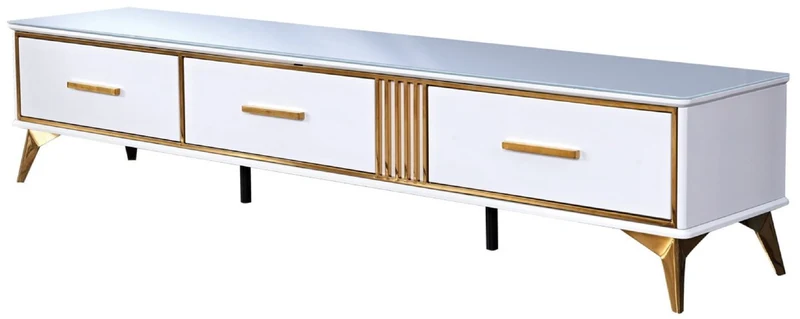 Casa Padrino Luxus TV Schrank Weiß / Gold 200 x 40 x H. 41 cm - Modernes Wohnzimmer Sideboard mit 3 Schubladen - Moderne Wohnzimmer TV Möbel