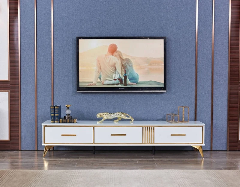 Casa Padrino Luxus TV Schrank Weiß / Gold 200 x 40 x H. 41 cm - Modernes Wohnzimmer Sideboard mit 3 Schubladen - Moderne Wohnzimmer TV Möbel