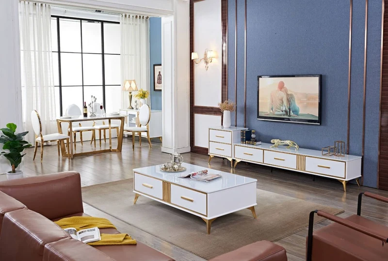 Casa Padrino Luxus TV Schrank Weiß / Gold 200 x 40 x H. 41 cm - Modernes Wohnzimmer Sideboard mit 3 Schubladen - Moderne Wohnzimmer TV Möbel