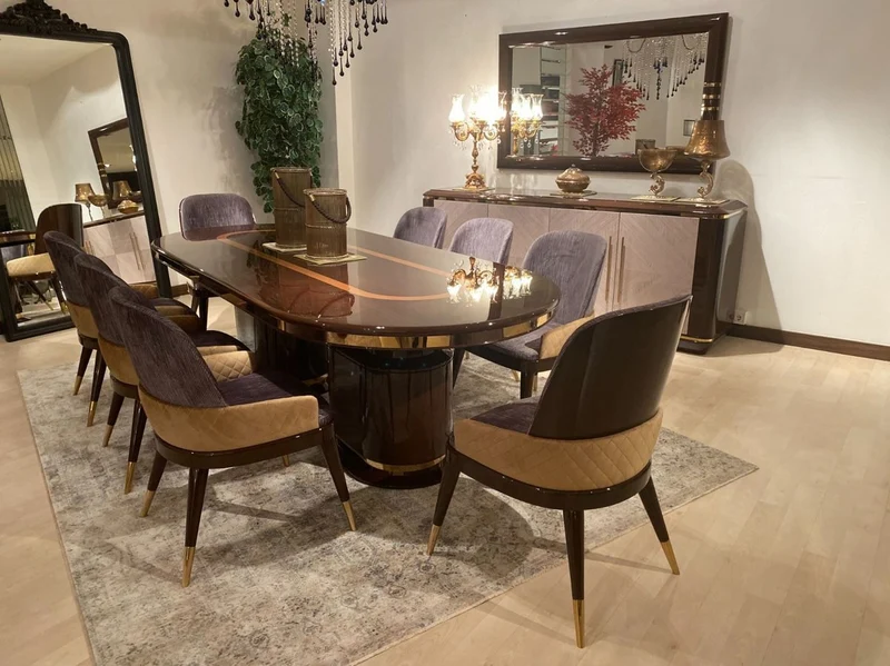 Casa Padrino Luxus Esszimmer Set Lila / Beige / Dunkelbraun / Gold - 1 Esstisch & 8 Esszimmerstühle - Luxus Esszimmer Möbel - Luxus Qualität
