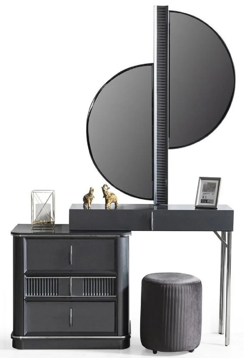 Casa Padrino Luxus Schlafzimmer Schminktisch Set Grau / Silber - 1 Schminkkommode mit Spiegel & 1 Hocker - Luxus Schlafzimmer Möbel