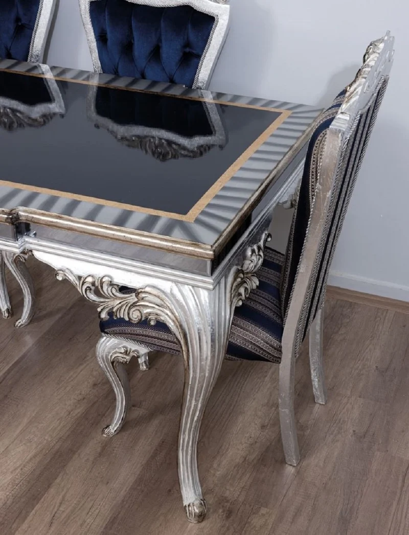 Casa Padrino Luxus Barock Esszimmer Set Blau / Silber - 1 Esstisch & 6 Esszimmerstühle - Handgefertigte Barock Esszimmer Möbel
