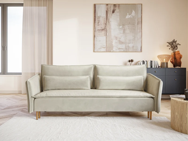 Drei-Sitzer-Schlafsofa Ummo mit Stauraum, cremefarbener Veloursstoff, wasserabweisend, goldene Beine