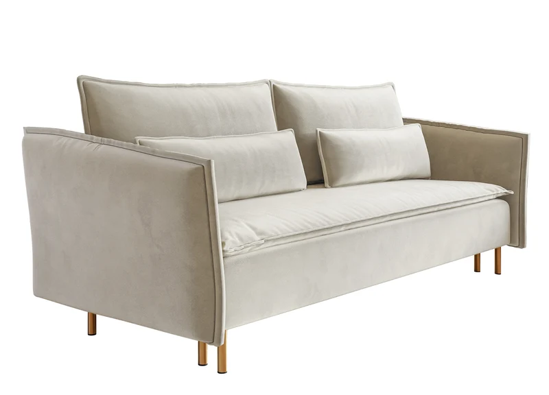 Drei-Sitzer-Schlafsofa Ummo mit Stauraum, cremefarbener Veloursstoff, wasserabweisend, goldene Beine
