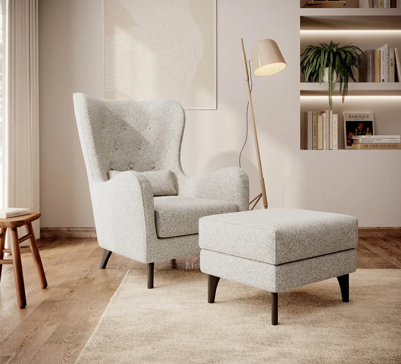 Calmino Hocker mit Ohren cremefarbenes Bouclé mit Wenge-Beinen