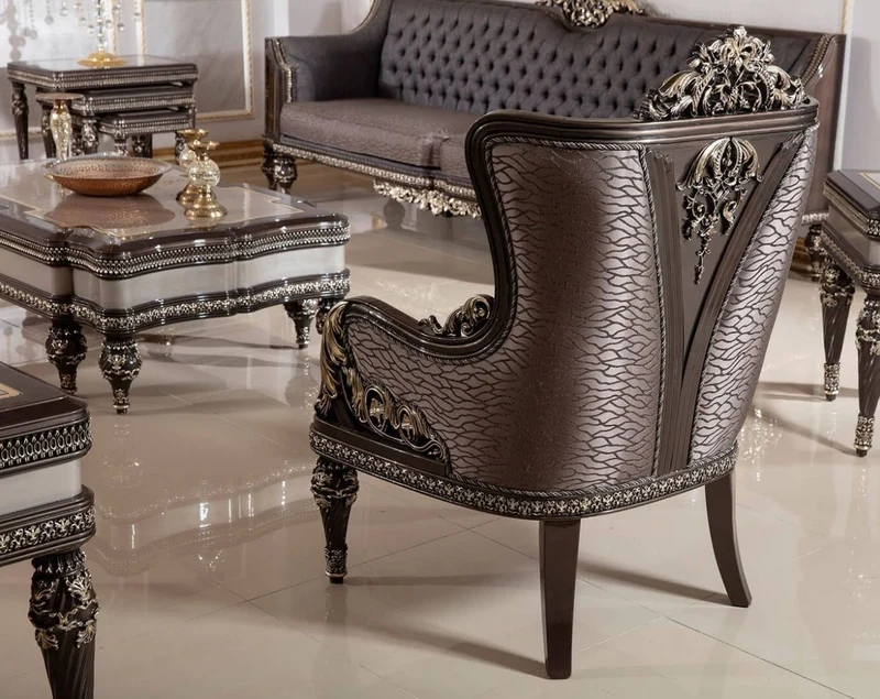 Casa Padrino Luxus Barock Sessel Royalblau / Grau / Dunkelbraun / Gold - Handgefertigter Barockstil Wohnzimmer Sessel mit elegantem Muster - Barock Wohnzimmer Möbel - Edel & Prunkvoll
