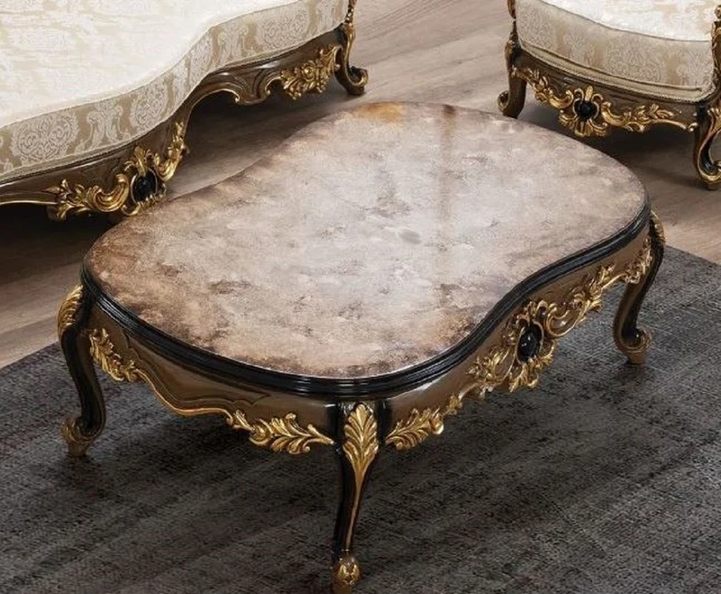Casa Padrino Luxus Barock Couchtisch Braun / Schwarz / Gold - Handgefertigter Massivholz Wohnzimmertisch - Prunkvolle Massivholz Wohnzimmer Möbel im Barockstil