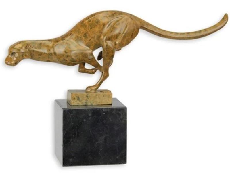 Casa Padrino Luxus Bronze Figur Puma mit Marmorsockel Beige / Schwarz 30,6 x 7,5 x H. 19,7 cm - Bronze Skulptur - Dekofigur - Tierfigur - Luxus Deko Accessoires