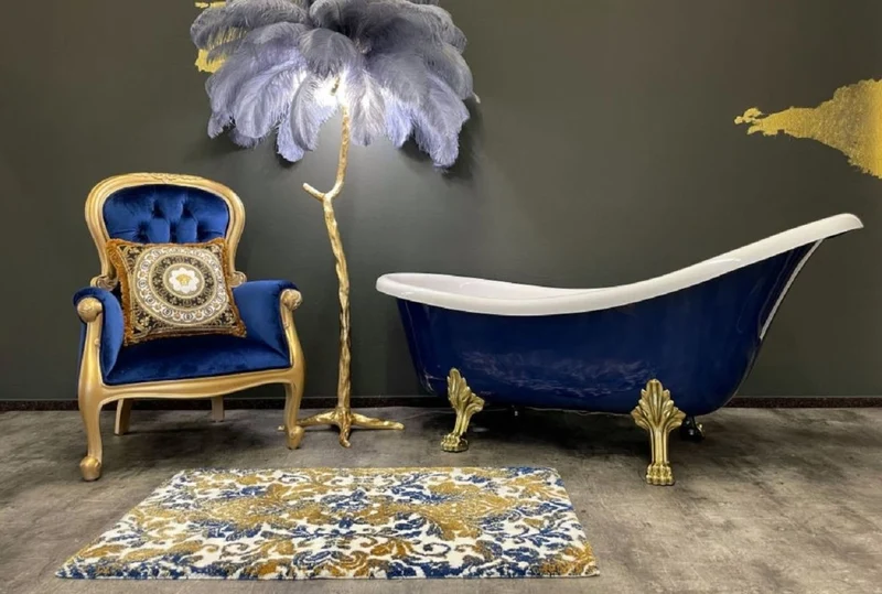 Casa Padrino Luxus Jugendstil Badewanne Saphirblau / Weiß / Gold 174 x 83 x H. 81 cm - Freistehende Retro Badewanne mit Löwenfüßen - Retro Badezimmer Möbel