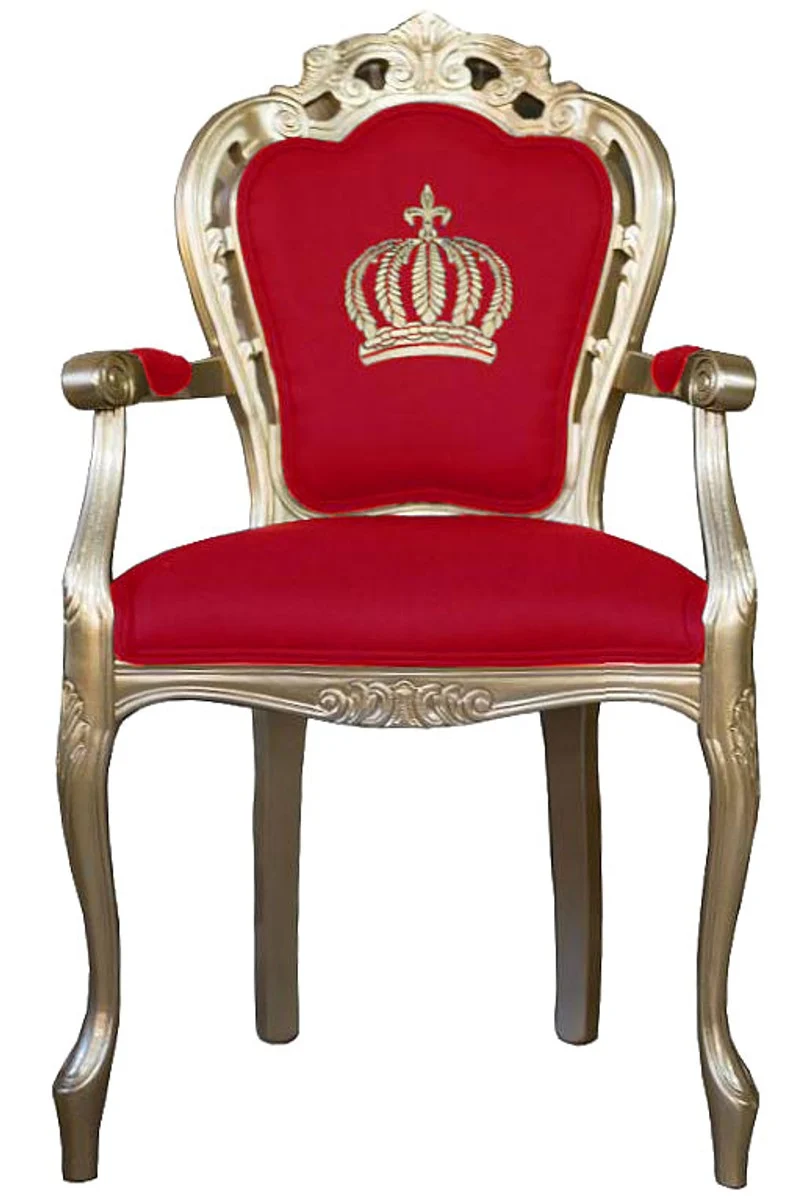 Casa Padrino Luxus Barock Esszimmerstuhl mit Armlehnen Pompöös by Harald Glööckler Rot / Gold 48 x 54 x 105 cm