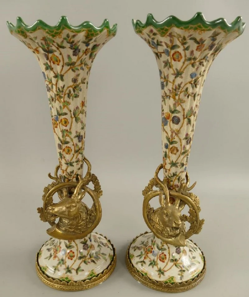 Casa Padrino Jugendstil Porzellan Vasen Set Creme / Mehrfarbig / Messing Ø 12 x H. 34 cm - Barock & Jugendstil Deko Accessoires