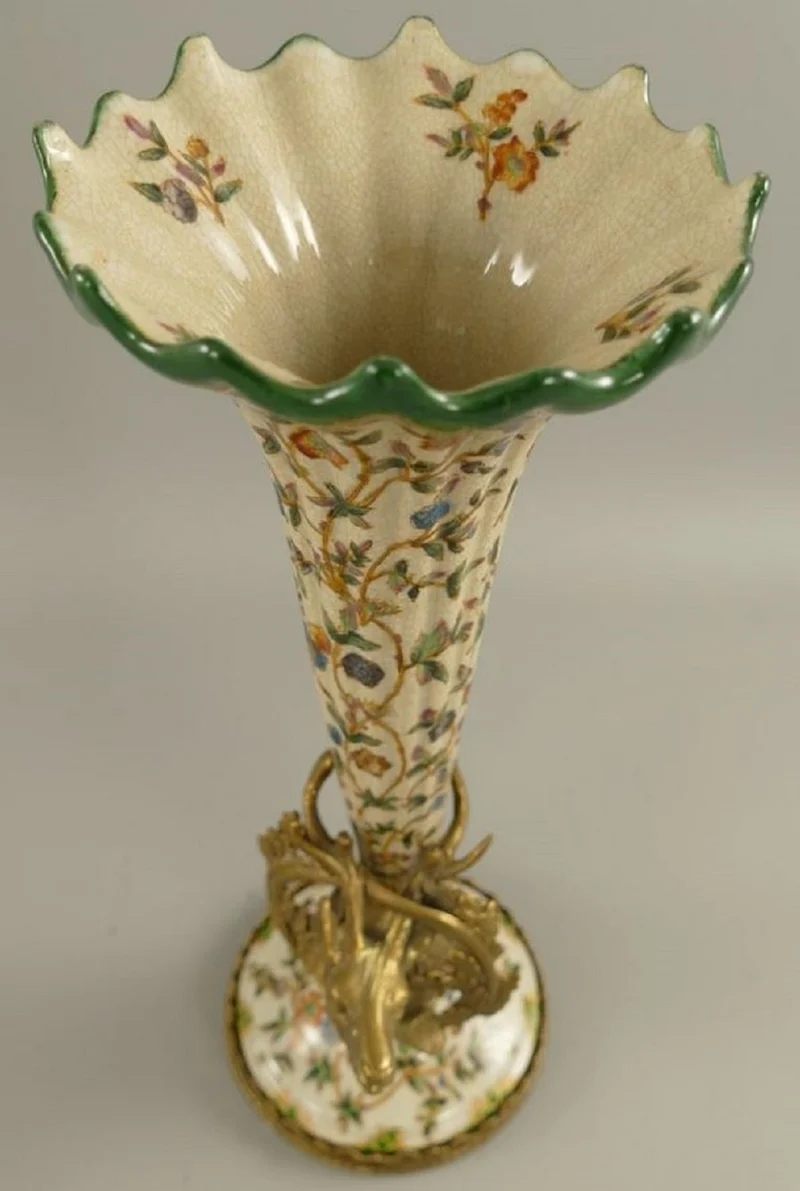 Casa Padrino Jugendstil Porzellan Vasen Set Creme / Mehrfarbig / Messing Ø 12 x H. 34 cm - Barock & Jugendstil Deko Accessoires