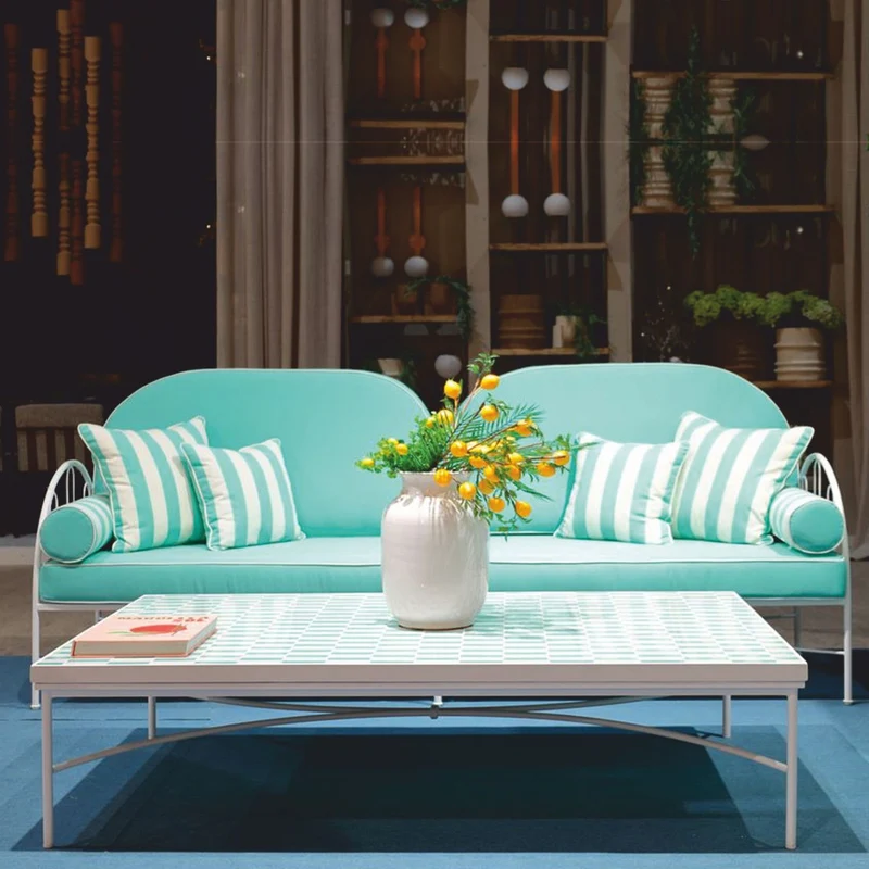 Casa Padrino Luxus Schmiedeeisen Sofa Türkis / Weiß 240 cm - Hotel & Garten Sofa