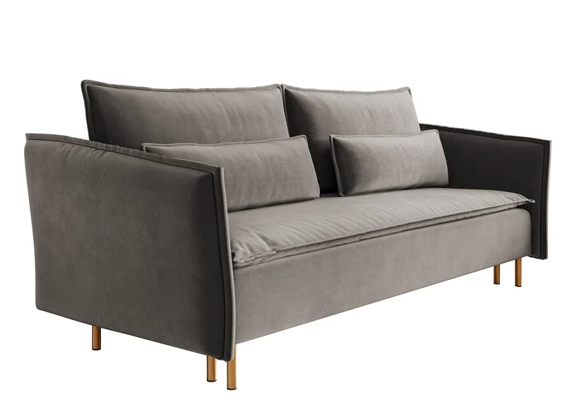 Dreisitziges ausklappbares Sofa Ummo in Grau mit Stauraum aus hydrophobem Samtstoff und goldenen Beinen