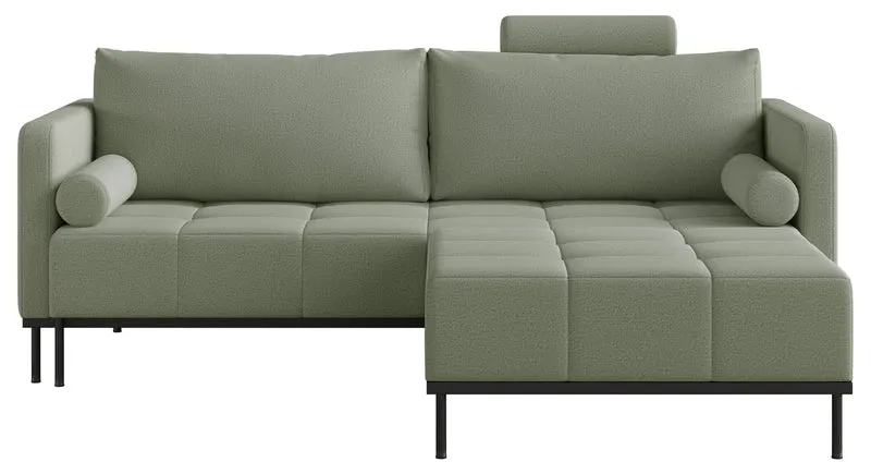 Dreisitziges ausklappbares Sofa Skilia mit Hocker, salbeigrüner, pflegeleichter Strickstoff