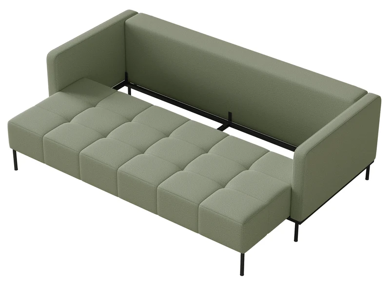 Dreisitziges ausklappbares Sofa Skilia mit Hocker, salbeigrüner, pflegeleichter Strickstoff