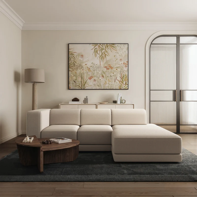 Ecksofa Novals, L-förmig, rechtsseitig mit verstellbaren Kopfstützen, beige Chenille