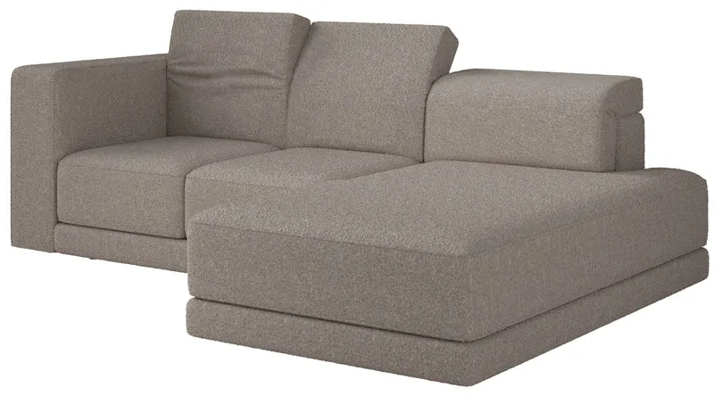 Ecksofa Novals, L-förmig, rechtsseitig mit verstellbaren Kopfstützen, grau-beiger Bouclé-Stoff
