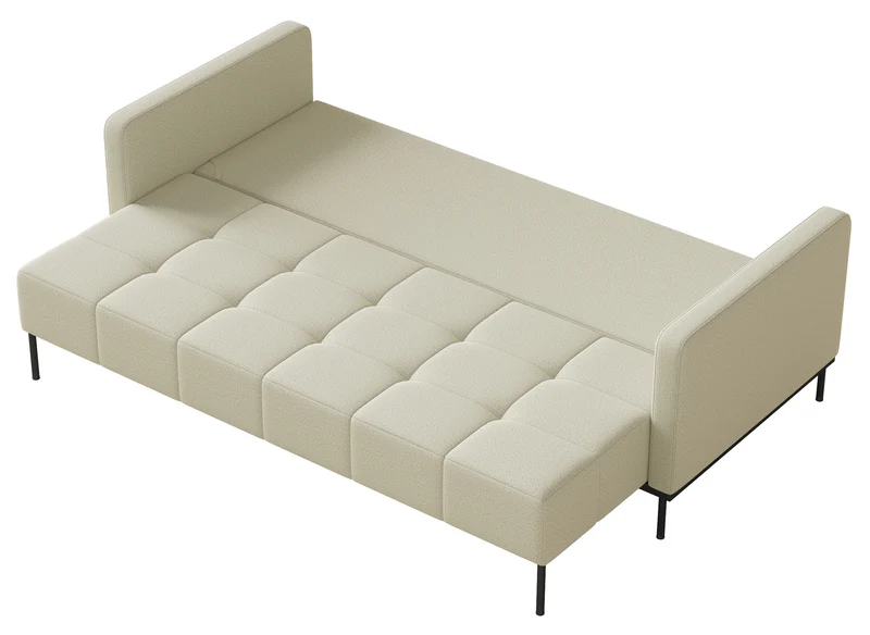 Dreisitziges ausklappbares Sofa Skilia mit Hocker, hellbeiger, leicht zu reinigender Strickstoff