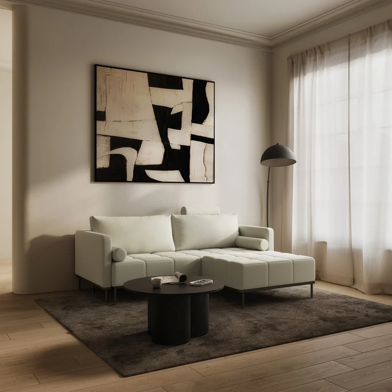 Dreisitziges ausklappbares Sofa Skilia mit Hocker, hellbeiger, leicht zu reinigender Strickstoff