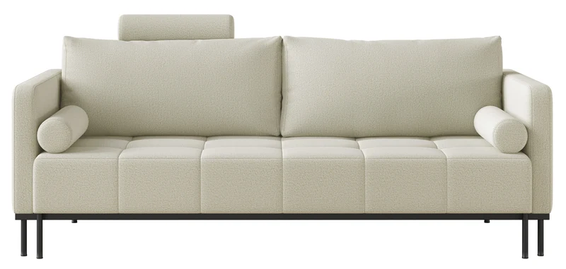 Dreisitziges ausklappbares Sofa Skilia mit Hocker, hellbeiger, leicht zu reinigender Strickstoff