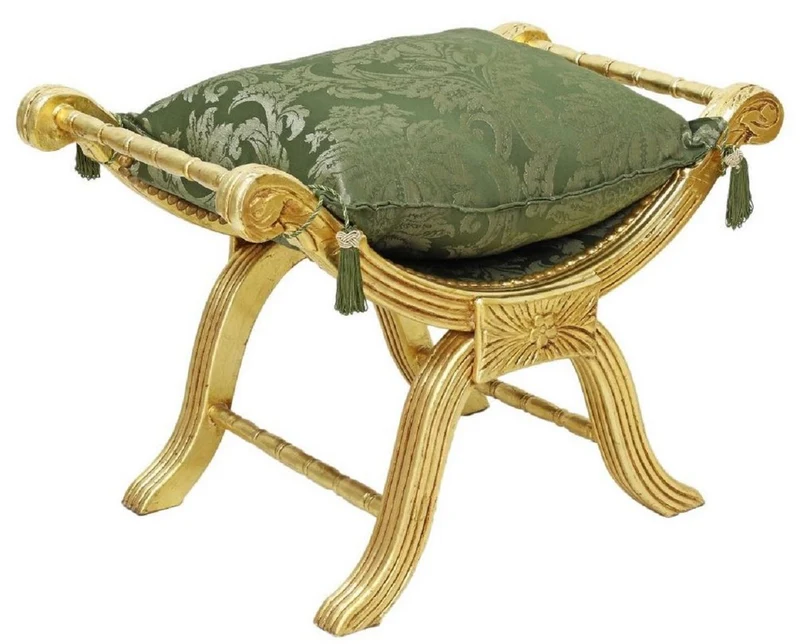 Casa Padrino Barock Kreuzhocker mit Kissen Gold / Grün - Handgefertigter Sitzhocker im Barockstil - Antik Stil Hocker - Barock Möbel - Wohnzimmer Möbel im Barockstil - Antik Stil Möbel