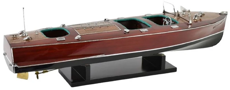 Casa Padrino Luxus Deko Speedboot Chris Craft mit Massivholz Ständer Braun / Schwarz 81 x 23 x H. 23 cm - Handgefertigtes Deko Boot - Holzboot - Modellboot - Rennboot - Wohnzimmer Deko Accessoires