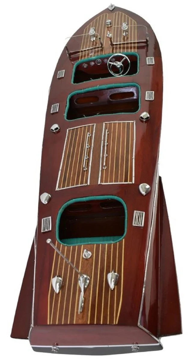 Casa Padrino Luxus Deko Speedboot Chris Craft mit Massivholz Ständer Braun / Schwarz 81 x 23 x H. 23 cm - Handgefertigtes Deko Boot - Holzboot - Modellboot - Rennboot - Wohnzimmer Deko Accessoires