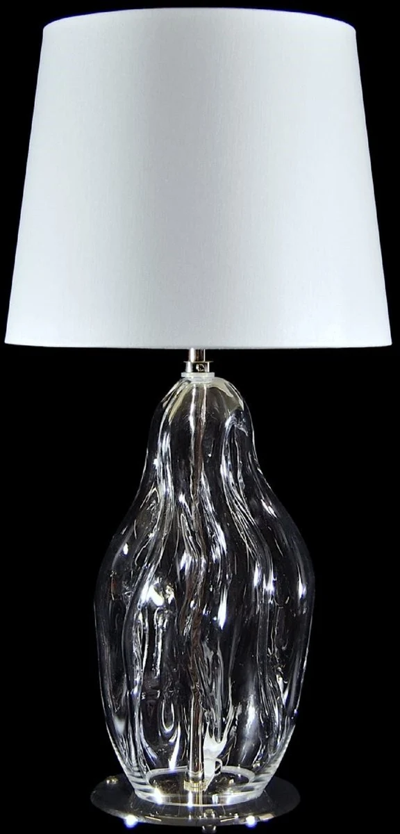 Casa Padrino Luxus Tischleuchte Transparent / Silber / Weiß Ø 20 x H. 40 cm - Glas Schreibtischleuchte mit rundem Lampenschirm - Luxus Tischleuchten - Luxus Schreibtischleuchten - Luxus Qualität