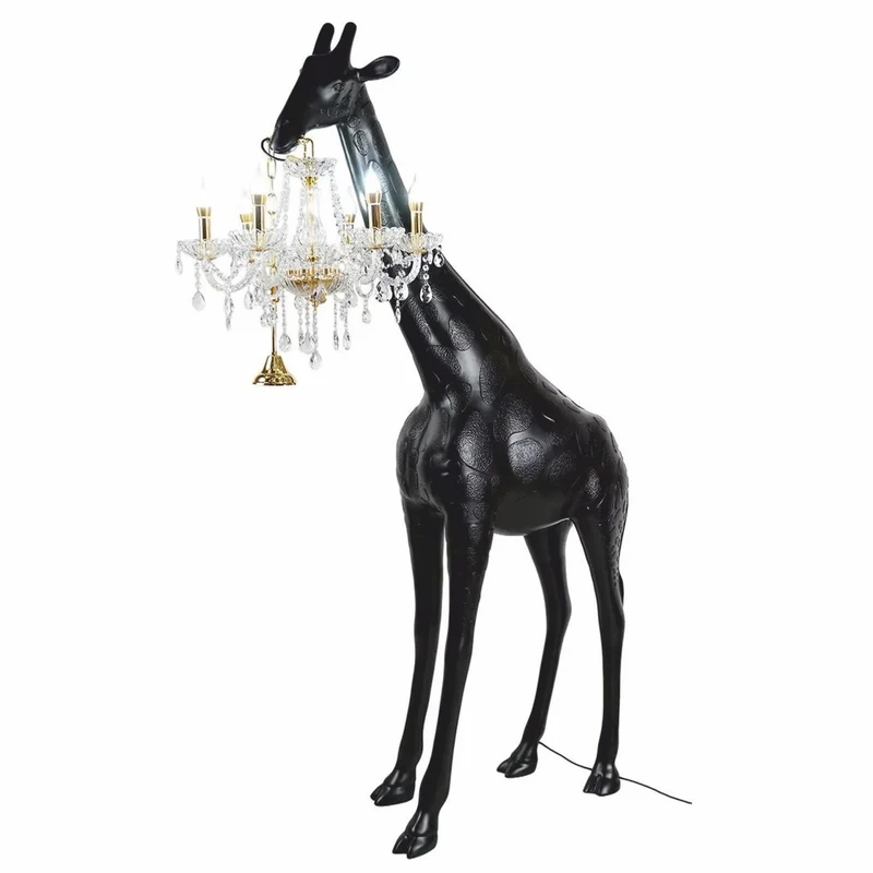 Casa Padrino XXL Stehleuchte Giraffe mit Barock Kronleuchter Matt Schwarz / Gold H. 265 cm