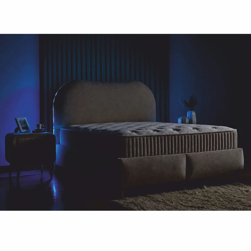 Casa Padrino Luxus Doppelbett mit Matratze und LED Beleuchtung Beige / Braun 180 x 200 cm - Hotel Möbel - Schlafzimmer Möbel