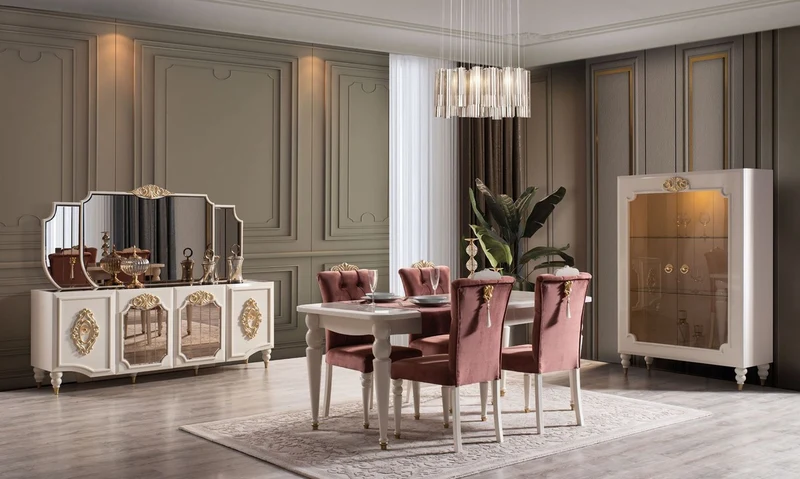 Casa Padrino Luxus Barock Esszimmer Set Rot / Weiß / Gold - 1 Esstisch & 6 Esszimmerstühle - Barock Esszimmer Möbel
