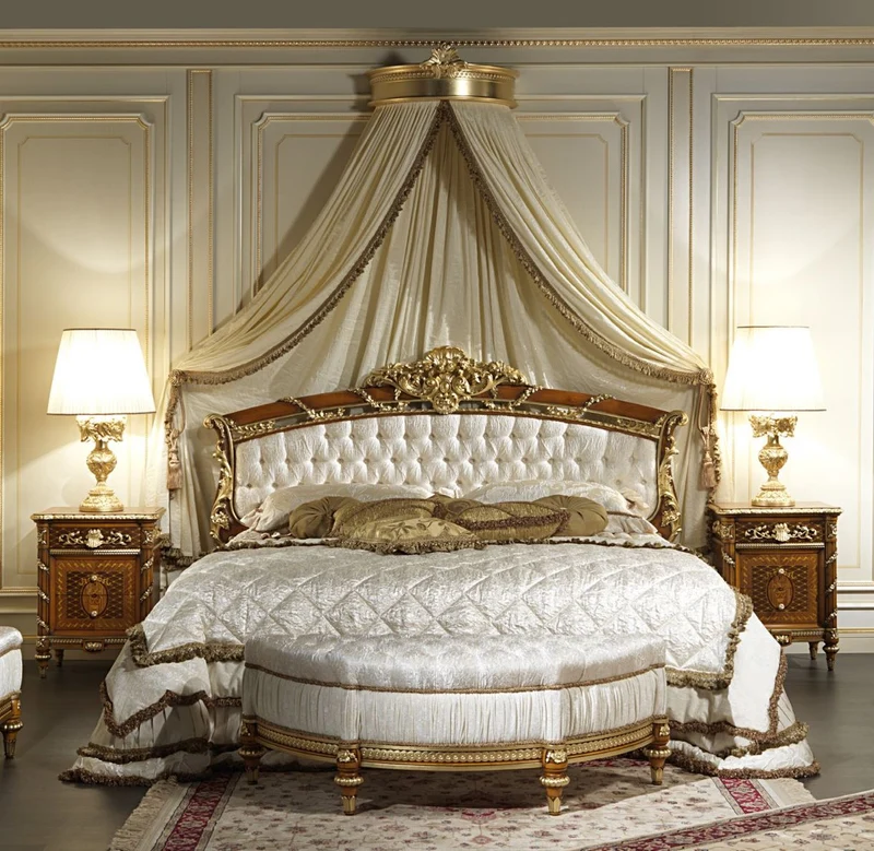 Casa Padrino Luxus Barock Schlafzimmer Set Weiß / Braun / Gold - Doppelbett mit Baldachin, 2 Nachttische & Sitzbank - Made in Italy