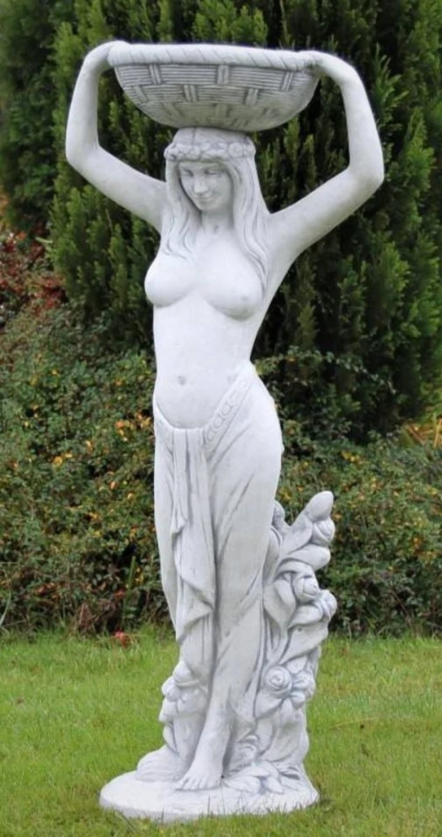Casa Padrino Jugendstil Garten Deko Skulptur Frau mit Blumentopf Grau H. 98 cm - Elegante Garten Deko Stein Figur mit Pflanzentopf - Barock & Jugendstil Garten Deko Accessoires