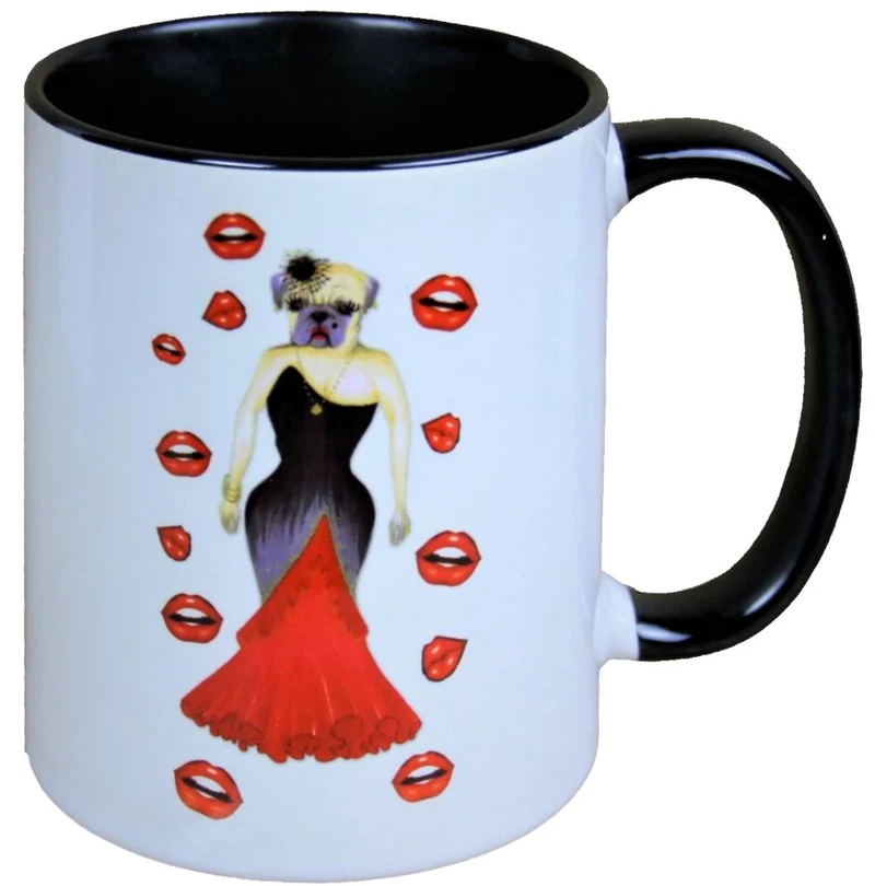 Casa Padrino Luxus Design Tasse Hund im rot-schwarzen Abendkleid von Harald Glööckler Pompöös, 9,5 x 8,5 cm