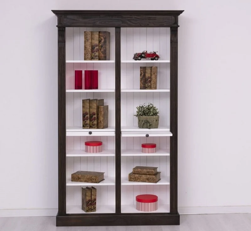 Casa Padrino Landhausstil Bücherschrank Schwarz / Weiß 120 x 37 x H. 197 cm - Massivholz Schrank - Regalschrank - Wohnzimmerschrank - Landhausstil Möbel