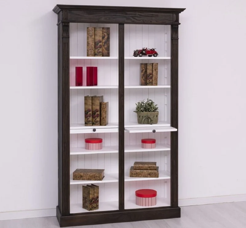 Casa Padrino Landhausstil Bücherschrank Schwarz / Weiß 120 x 37 x H. 197 cm - Massivholz Schrank - Regalschrank - Wohnzimmerschrank - Landhausstil Möbel