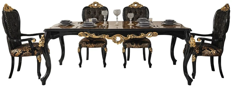 Casa Padrino Luxus Barock Esszimmer Set Braun / Schwarz / Gold - 1 Esstisch mit Tischplatte in Marmoroptik & 6 Esszimmerstühle - Prunkvolle Esszimmer Möbel im Barockstil